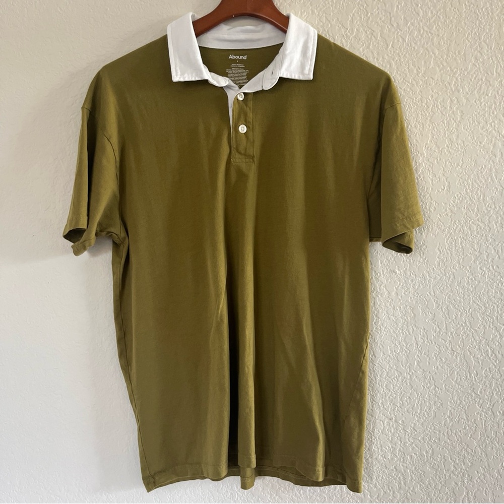 Abound Men’s Short Sleeve, Green Polo with White Color,  Sz Large, 100% Cotton
